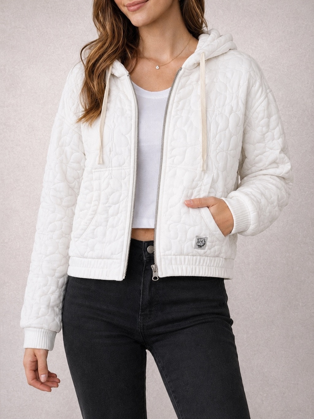 BDG Quilted White Butterfly Hoodie Jacket
